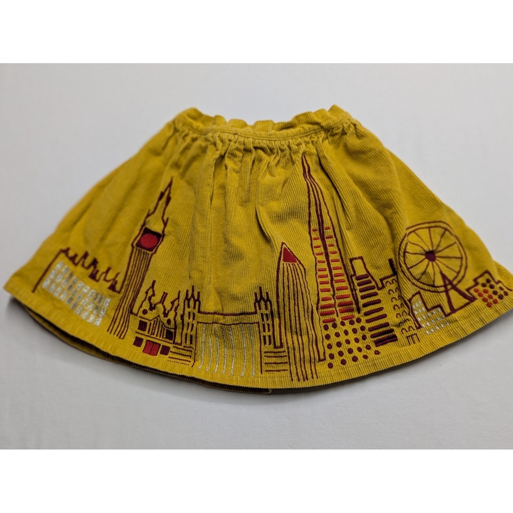Piccolina Kids Mustard Yellow Corduroy London Skyline Embroidered Skirt 7T
